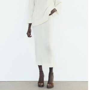 New - Zara LINEN BLEND PLAIN KNIT MIDI SKIRT